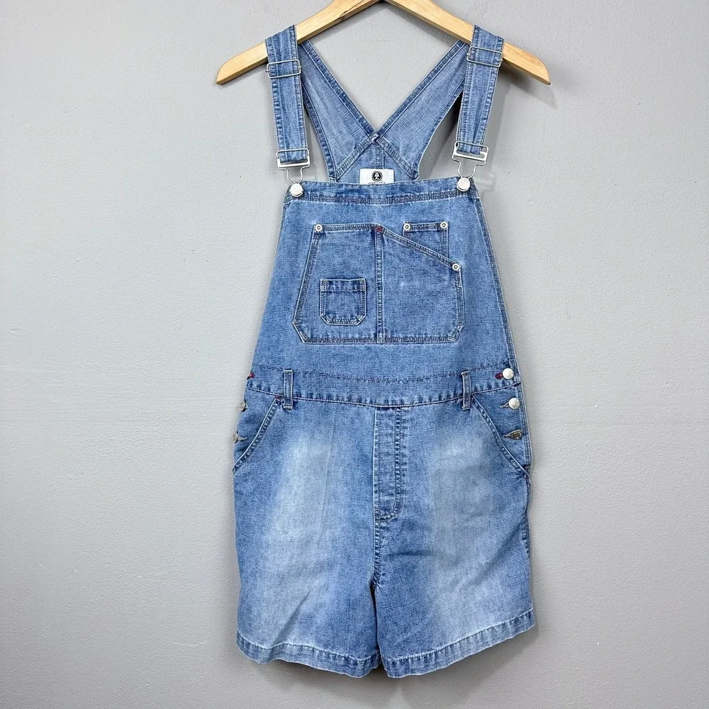 Vintage 90s Arizona Jean Co Womens Size L Denim Overalls Shorts Faded Wash Blue - Picture 1 of 8